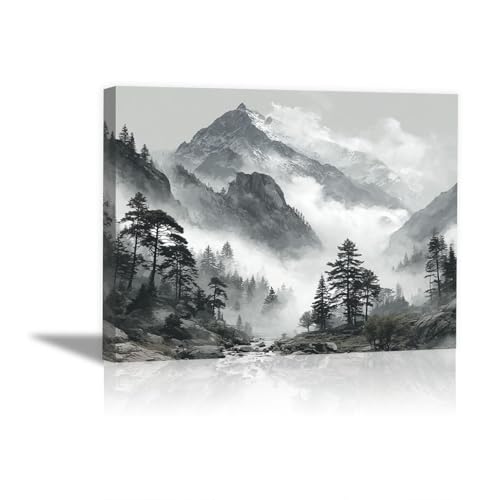 AMXBZC Moderne Leinwand Bilder Bergnebelbaum Nature Pflanze Drucke -Büro Küche - Badezimmer Kunstdrucke Wandbilder Wohnzimmer Gemälde(schwarz)-60x90cm Gerahmt von AMXBZC