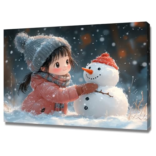 AMXBZC Moderne Leinwand Bilder Niedliches Mädchen Schneemann Tier Nature Pflanze Drucke -Büro Küche - Badezimmer Kunstdrucke Wandbilder Wohnzimmer Gemälde(rot)-60x90cm Gerahmt von AMXBZC