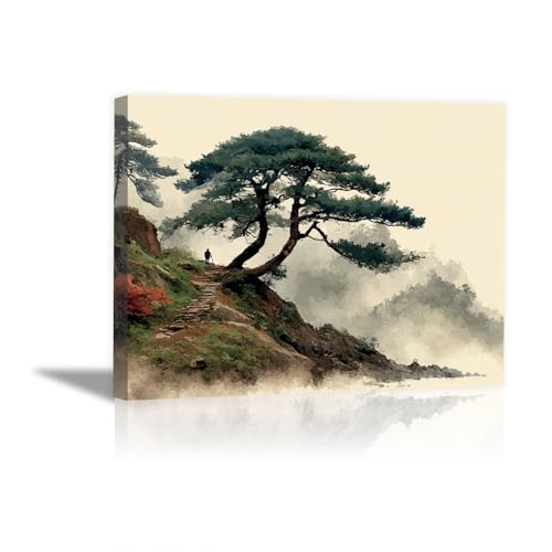AMXBZC Moderne Leinwand Bilder Tusche-Landschaftsmalerei Nature Pflanze Drucke -Büro Küche - Badezimmer Kunstdrucke Wandbilder Wohnzimmer Gemälde(grün)-40x60cm Gerahmt von AMXBZC
