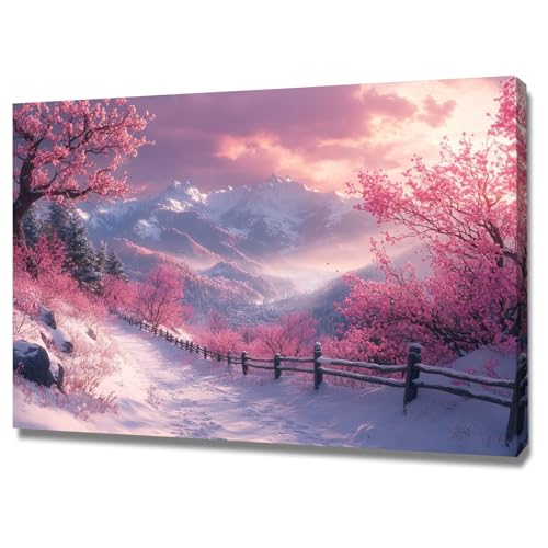 AMXBZC Moderne Leinwand Bilder Vintage-Winter-Bergkunstwerk Schlafzimmer Landschafts Bilder -Kunstdruck- Badezimmer -Büro Küche -Wohnzimmer Wand Deko(Rosa)-50x70cm Gerahmt von AMXBZC