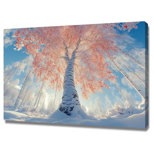 AMXBZC Moderne Leinwand Bilder Wald, Winter, Bäume, Landschaft Schlafzimmer Landschafts Bilder -Kunstdruck- Badezimmer -Büro Küche -Wohnzimmer Wand Deko(Orange)-80x120cm Gerahmt von AMXBZC
