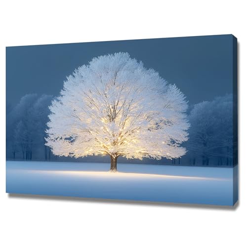 AMXBZC Moderne Leinwand Bilder Wald Natur Baum Schnee Szene Nature Pflanze Drucke -Büro Küche - Badezimmer Kunstdrucke Wandbilder Wohnzimmer Gemälde(weiß)-60x90cm Gerahmt von AMXBZC