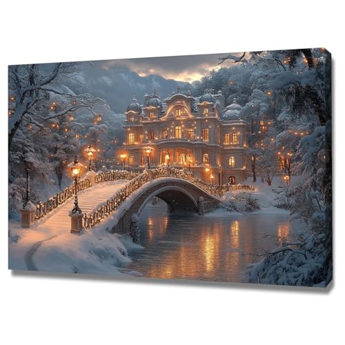 AMXBZC Moderne Leinwand Bilder Winter Seeuferbrücke Nature Pflanze Drucke -Büro Küche - Badezimmer Kunstdrucke Wandbilder Wohnzimmer Gemälde(Golden)-40x60cm Gerahmt von AMXBZC