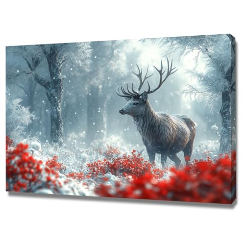 AMXBZC Moderne Leinwand Bilder Winter Wald Schnee Elch Nature Pflanze Drucke -Büro Küche - Badezimmer Kunstdrucke Wandbilder Wohnzimmer Gemälde(rot)-40x60cm Gerahmt von AMXBZC