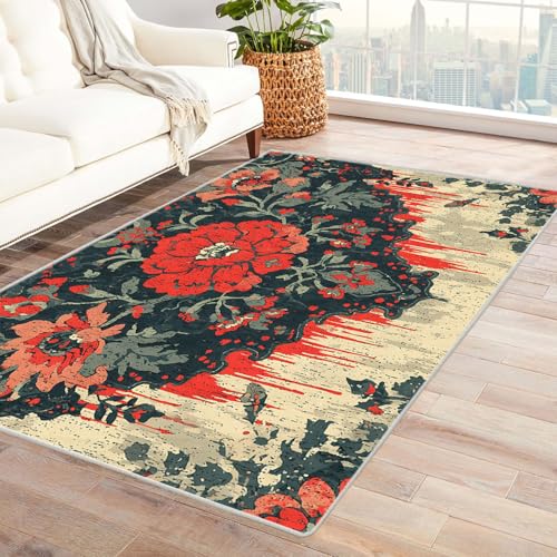 AMXBZC Moderner Kurzflor Teppich Wohnzimmer rutschfest, Waschbar Abstrakte Pflanze Moderner Teppich Schlafzimmer abstraktes Muster, für Esszimmer Foyer Boho Carpet(rot)-60x90cm von AMXBZC