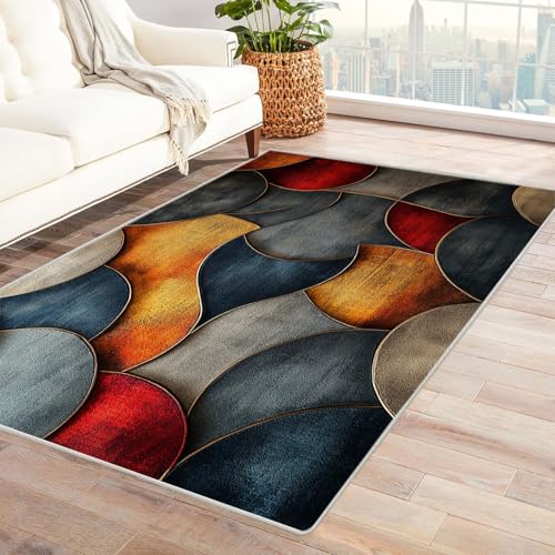 AMXBZC Moderner Kurzflor Teppich Wohnzimmer rutschfest, Waschbar Abstrakte geometrische Formen Schlafzimmer abstraktes Muster, für Esszimmer Foyer Boho Carpet(rot)-90x120cm von AMXBZC
