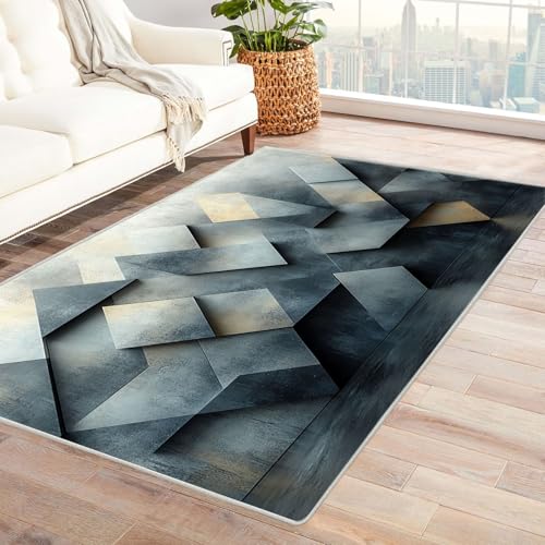 AMXBZC Moderner Kurzflor Teppich Wohnzimmer rutschfest, Waschbar Abstraktes geometrisches Muster Schlafzimmer abstraktes Muster, für Esszimmer Foyer Boho Carpet(blau)-150x240cm von AMXBZC