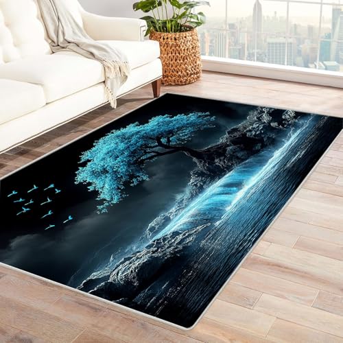 AMXBZC Moderner Kurzflor Teppich Wohnzimmer rutschfest, Waschbar Baum des Lebens bei Nacht Schlafzimmer abstraktes Muster, für Esszimmer Foyer Boho Carpet(blau)-150x180cm von AMXBZC