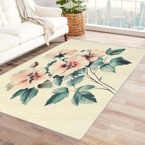 AMXBZC Moderner Kurzflor Teppich Wohnzimmer rutschfest, Waschbar Blumen im böhmischen Stil Schlafzimmer abstraktes Muster, für Esszimmer Foyer Boho Carpet(beige)-150x180cm von AMXBZC