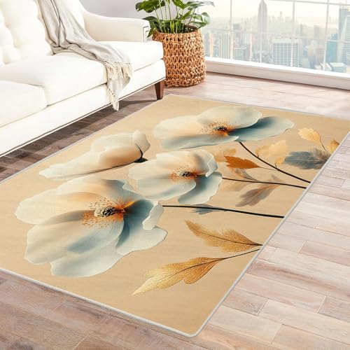 AMXBZC Moderner Kurzflor Teppich Wohnzimmer rutschfest, Waschbar Blumen im böhmischen Stil Schlafzimmer abstraktes Muster, für Esszimmer Foyer Boho Carpet(beige)-60x90cm von AMXBZC