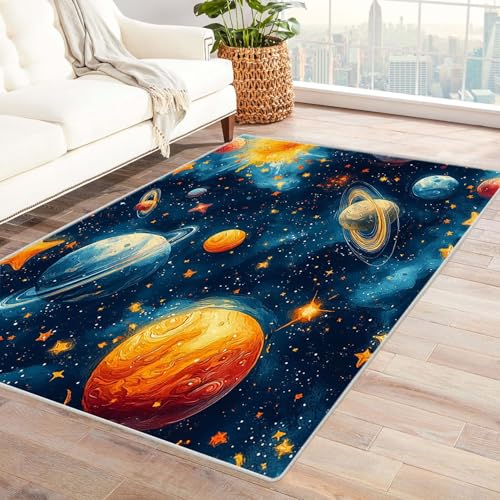 AMXBZC Moderner Kurzflor Teppich Wohnzimmer rutschfest, Waschbar Buntes Cartoon-Jungenzimmer Schlafzimmer abstraktes Muster, für Esszimmer Foyer Boho Carpet(blau)-60x90cm von AMXBZC