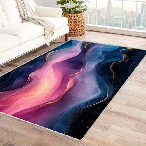AMXBZC Moderner Kurzflor Teppich Wohnzimmer rutschfest, Waschbar Buntes abstraktes Tuschemuster Schlafzimmer abstraktes Muster, für Esszimmer Foyer Boho Carpet(Lila 15)-150x180cm von AMXBZC