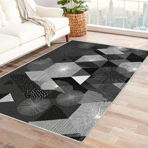 AMXBZC Moderner Kurzflor Teppich Wohnzimmer rutschfest, Waschbar Einfaches geometrisches Muster Schlafzimmer abstraktes Muster, für Esszimmer Foyer Boho Carpet(schwarz)-240x300cm von AMXBZC