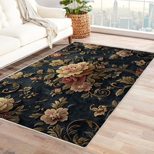 AMXBZC Moderner Kurzflor Teppich Wohnzimmer rutschfest, Waschbar Floraler Abstrakter Teppich Schlafzimmer abstraktes Muster, für Esszimmer Foyer Boho Carpet(Gelb 5)-150x210cm von AMXBZC