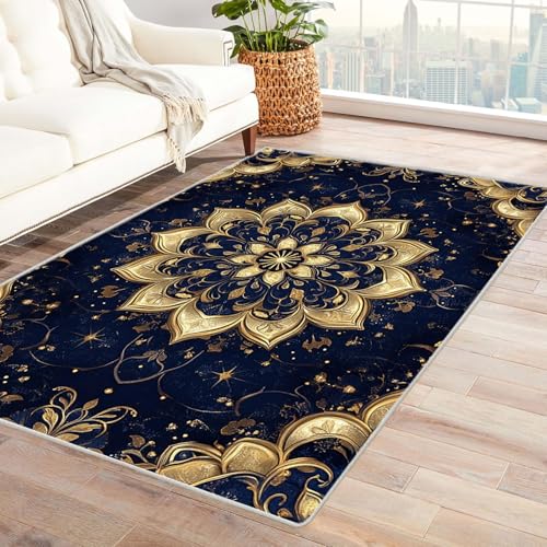 AMXBZC Moderner Kurzflor Teppich Wohnzimmer rutschfest, Waschbar Französischer Blumenteppich Schlafzimmer abstraktes Muster, für Esszimmer Foyer Boho Carpet(Goldene 5)-240x300cm von AMXBZC