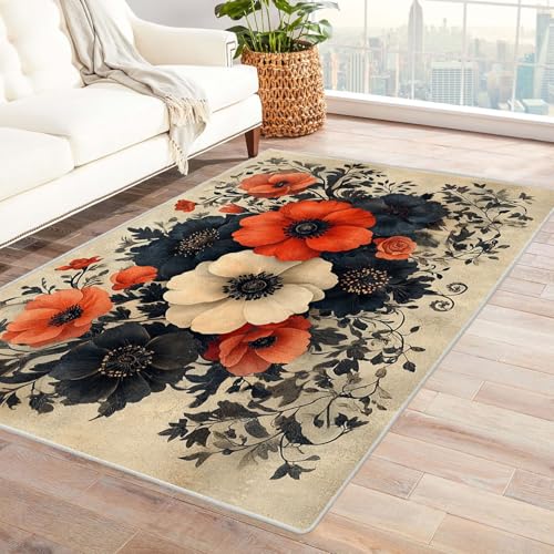 AMXBZC Moderner Kurzflor Teppich Wohnzimmer rutschfest, Waschbar Französischer Blumenteppich Schlafzimmer abstraktes Muster, für Esszimmer Foyer Boho Carpet(Rot 5)-90x120cm von AMXBZC
