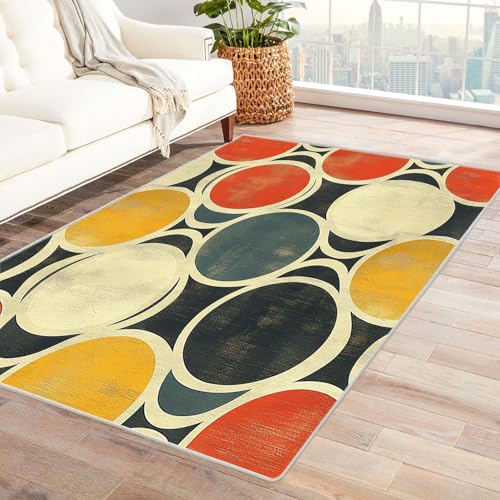 AMXBZC Moderner Kurzflor Teppich Wohnzimmer rutschfest, Waschbar Geometrisches kreisförmiges Muster Schlafzimmer abstraktes Muster, für Esszimmer Foyer Boho Carpet(Gelb)-210x270cm von AMXBZC