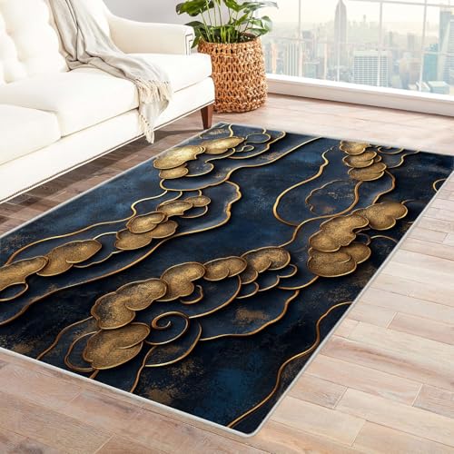 AMXBZC Moderner Kurzflor Teppich Wohnzimmer rutschfest, Waschbar Gold Abstraktes Teppichmuster Schlafzimmer abstraktes Muster, für Esszimmer Foyer Boho Carpet(blau)-210x300cm von AMXBZC