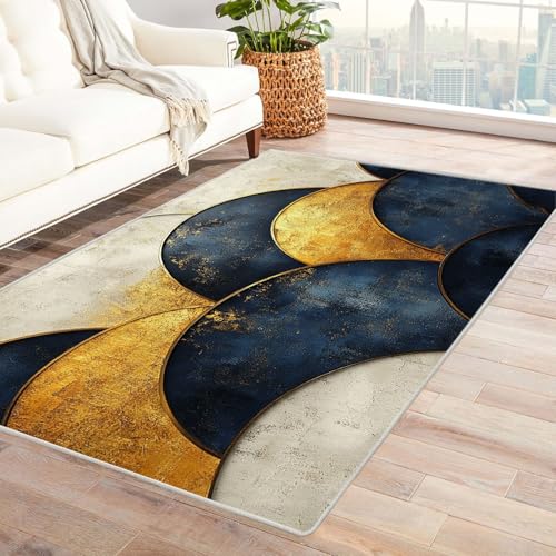 AMXBZC Moderner Kurzflor Teppich Wohnzimmer rutschfest, Waschbar Goldblau Abstrakte Grafiken Schlafzimmer abstraktes Muster, für Esszimmer Foyer Boho Carpet(blau)-60x90cm von AMXBZC