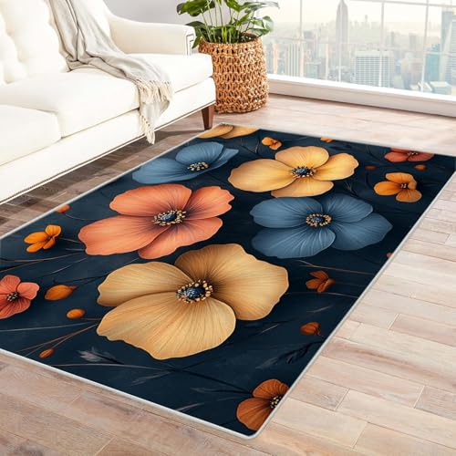 AMXBZC Moderner Kurzflor Teppich Wohnzimmer rutschfest, Waschbar Graffiti Schöne Blumen Schlafzimmer abstraktes Muster, für Esszimmer Foyer Boho Carpet(lila)-150x180cm von AMXBZC