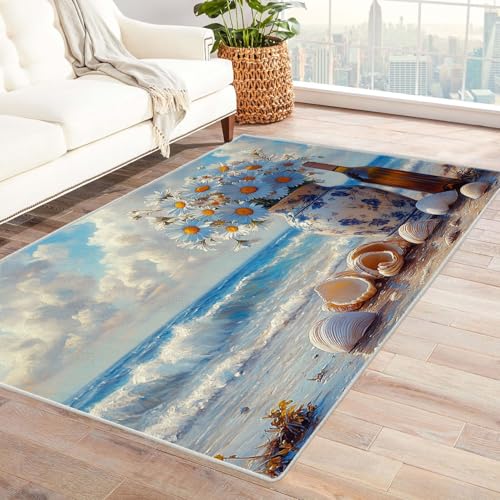 AMXBZC Moderner Kurzflor Teppich Wohnzimmer rutschfest, Waschbar Graffiti Strand Pflanzen Muster Schlafzimmer abstraktes Muster, für Esszimmer Foyer Boho Carpet(blau)-180x240cm von AMXBZC