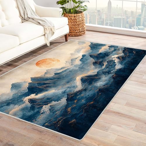 AMXBZC Moderner Kurzflor Teppich Wohnzimmer rutschfest, Waschbar Ink Mountain Muster Schlafzimmer abstraktes Muster, für Esszimmer Foyer Boho Carpet(Orange 45)-150x180cm von AMXBZC