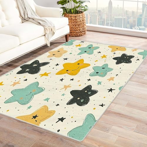 AMXBZC Moderner Kurzflor Teppich Wohnzimmer rutschfest, Waschbar Jungen Mädchen Cartoon Muster Schlafzimmer abstraktes Muster, für Esszimmer Foyer Boho Carpet(Gelb)-150x210cm von AMXBZC