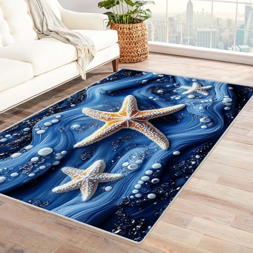 AMXBZC Moderner Kurzflor Teppich Wohnzimmer rutschfest, Waschbar Nacht Strand Szenerie Teppich Schlafzimmer abstraktes Muster, für Esszimmer Foyer Boho Carpet(blau)-150x210cm von AMXBZC
