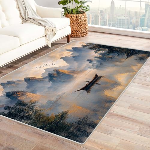 AMXBZC Moderner Kurzflor Teppich Wohnzimmer rutschfest, Waschbar Natürliche Landschaftsmalerei Schlafzimmer abstraktes Muster, für Esszimmer Foyer Boho Carpet(Gold 35)-90x120cm von AMXBZC