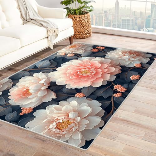 AMXBZC Moderner Kurzflor Teppich Wohnzimmer rutschfest, Waschbar Natürliche Pflanzen und Blumen Schlafzimmer abstraktes Muster, für Esszimmer Foyer Boho Carpet(Rosa)-210x300cm von AMXBZC