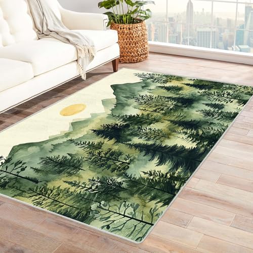 AMXBZC Moderner Kurzflor Teppich Wohnzimmer rutschfest, Waschbar Naturbelassener Bergwald Schlafzimmer abstraktes Muster, für Esszimmer Foyer Boho Carpet(grün)-60x90cm von AMXBZC