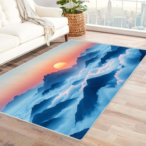 AMXBZC Moderner Kurzflor Teppich Wohnzimmer rutschfest, Waschbar Ozean Berg Sonnenuntergang Muster Schlafzimmer abstraktes Muster, für Esszimmer Foyer Boho Carpet(Orange 25)-60x90cm von AMXBZC