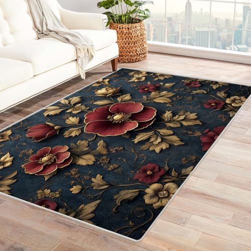 AMXBZC Moderner Kurzflor Teppich Wohnzimmer rutschfest, Waschbar Retro Abstrakte Blumen Schlafzimmer abstraktes Muster, für Esszimmer Foyer Boho Carpet(Rot 5)-210x300cm von AMXBZC