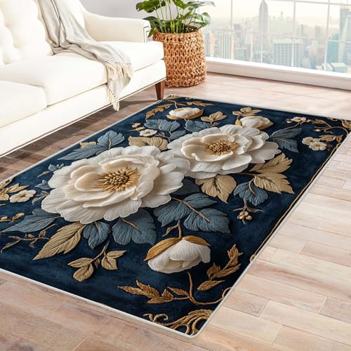 AMXBZC Moderner Kurzflor Teppich Wohnzimmer rutschfest, Waschbar Retro Schöne Blumen Schlafzimmer abstraktes Muster, für Esszimmer Foyer Boho Carpet(Goldene 5)-60x90cm von AMXBZC