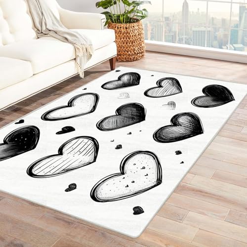 AMXBZC Moderner Kurzflor Teppich Wohnzimmer rutschfest, Waschbar Retro schwarz-weißes Muster Schlafzimmer abstraktes Muster, für Esszimmer Foyer Boho Carpet(schwarz)-120x180cm von AMXBZC