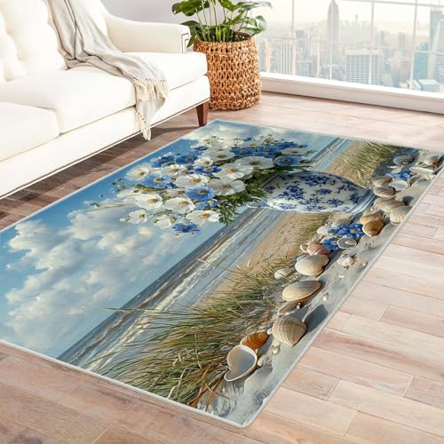 AMXBZC Moderner Kurzflor Teppich Wohnzimmer rutschfest, Waschbar Strandblumen Muscheln Schlafzimmer abstraktes Muster, für Esszimmer Foyer Boho Carpet(weiß)-210x270cm von AMXBZC