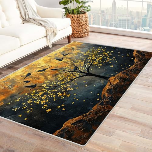 AMXBZC Moderner Kurzflor Teppich Wohnzimmer rutschfest, Waschbar Vintage Baum des Lebens Schlafzimmer abstraktes Muster, für Esszimmer Foyer Boho Carpet(Gelb)-150x210cm von AMXBZC