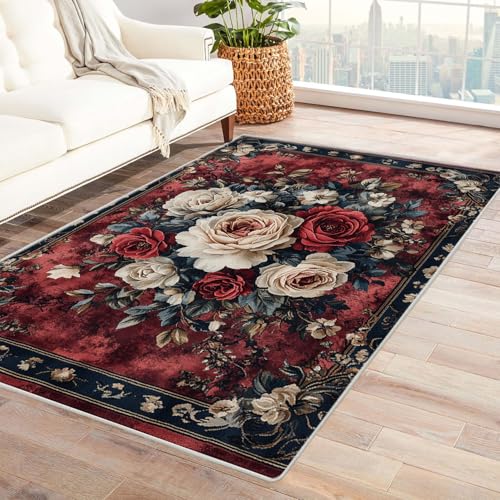 AMXBZC Moderner Kurzflor Teppich Wohnzimmer rutschfest, Waschbar Vintage Blumen Abstrakter Teppich Schlafzimmer abstraktes Muster, für Esszimmer Foyer Boho Carpet(rot)-240x300cm von AMXBZC