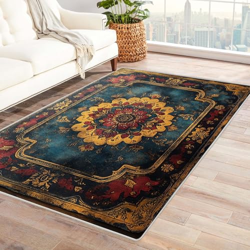 AMXBZC Moderner Kurzflor Teppich Wohnzimmer rutschfest, Waschbar Vintage Natürliche Blumen Schlafzimmer abstraktes Muster, für Esszimmer Foyer Boho Carpet(Beige 5)-210x270cm von AMXBZC