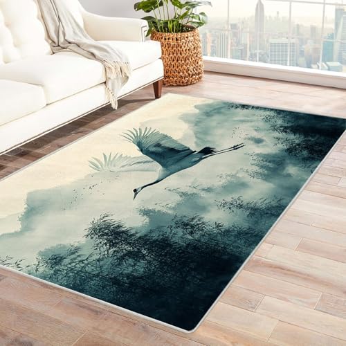 AMXBZC Moderner Kurzflor Teppich Wohnzimmer rutschfest, Waschbar Wald Bergtiere Schlafzimmer abstraktes Muster, für Esszimmer Foyer Boho Carpet(Blau 55)-150x180cm von AMXBZC