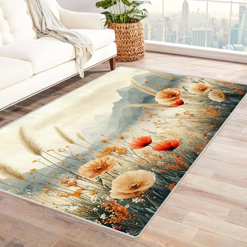 AMXBZC Moderner Kurzflor Teppich Wohnzimmer rutschfest, Waschbar Wohnzimmer Natürlicher Blumenteppich Schlafzimmer abstraktes Muster, für Esszimmer Foyer Boho Carpet(beige)-60x90cm von AMXBZC