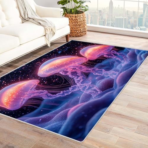 AMXBZC Moderner Kurzflor Teppich Wohnzimmer rutschfest, Waschbar Wunderschöne Meeresbewohner Schlafzimmer abstraktes Muster, für Esszimmer Foyer Boho Carpet(lila)-90x120cm von AMXBZC