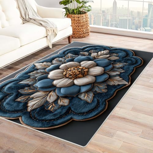 AMXBZC Modernes Teppich Wohnzimmer Abstrakte Moderne Blumen Waschbar Abstrakte Schlafzimmer Teppiche, rutschfeste Weicher Kurzflor, für Büro Esszimmer Kinderzimmer(Blau 1)-210x300cm von AMXBZC