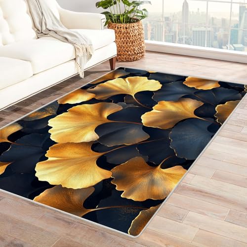 AMXBZC Modernes Teppich Wohnzimmer Abstrakte Pflanzenblätter Waschbar Abstrakte Schlafzimmer Teppiche, rutschfeste Weicher Kurzflor, für Büro Esszimmer Kinderzimmer(Gold 1)-150x180cm von AMXBZC