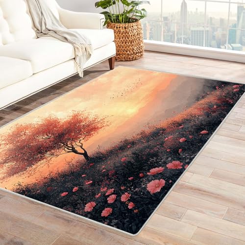 AMXBZC Modernes Teppich Wohnzimmer Baum des Lebens Muster Waschbar Abstrakte Schlafzimmer Teppiche, rutschfeste Weicher Kurzflor, für Büro Esszimmer Kinderzimmer(rosa)-60x90cm von AMXBZC