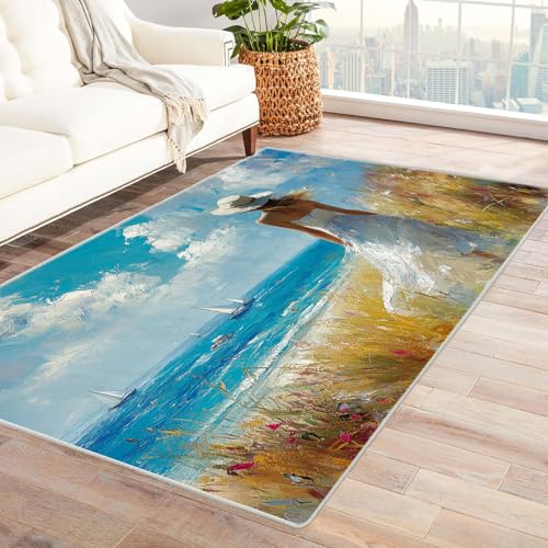 AMXBZC Modernes Teppich Wohnzimmer Graffiti Schöner Mädchen Teppich Waschbar Abstrakte Schlafzimmer Teppiche, rutschfeste Weicher Kurzflor, für Büro Esszimmer Kinderzimmer(Blau)-210x300cm von AMXBZC