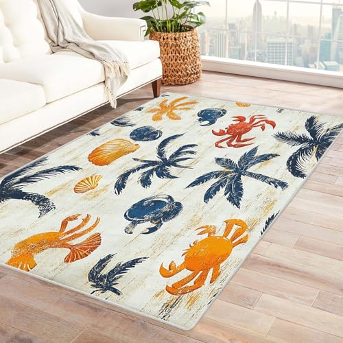 AMXBZC Modernes Teppich Wohnzimmer Muscheln Baum Tier Teppich Waschbar Abstrakte Schlafzimmer Teppiche, rutschfeste Weicher Kurzflor, für Büro Esszimmer Kinderzimmer(blau)-150x210cm von AMXBZC