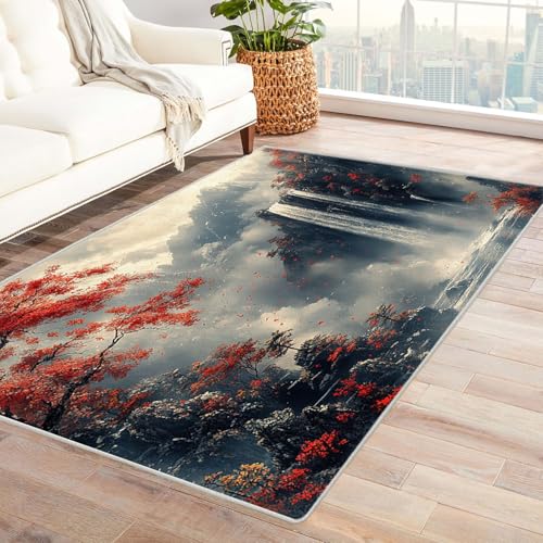 AMXBZC Modernes Teppich Wohnzimmer Natürliche Landschaftsmalerei Waschbar Abstrakte Schlafzimmer Teppiche, rutschfeste Weicher Kurzflor, für Büro Esszimmer Kinderzimmer(Rot 71)-210x300cm von AMXBZC