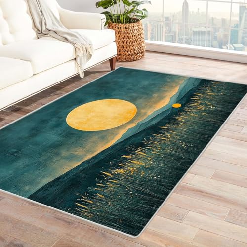 AMXBZC Modernes Teppich Wohnzimmer Natürliche Sonnenuntergangslandschaft Waschbar Abstrakte Schlafzimmer Teppiche, rutschfeste Weicher Kurzflor, für Büro Esszimmer Kinderzimmer(grün)-150x240cm von AMXBZC