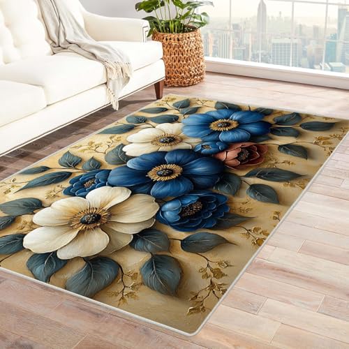 AMXBZC Modernes Teppich Wohnzimmer Natürliche schöne Blumen Waschbar Abstrakte Schlafzimmer Teppiche, rutschfeste Weicher Kurzflor, für Büro Esszimmer Kinderzimmer(Blau 1)-150x240cm von AMXBZC